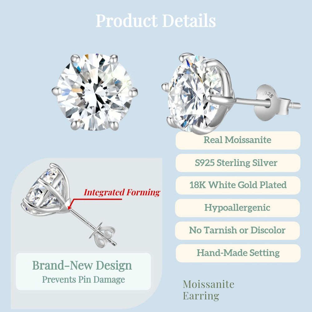 Stud Earrings for Women - Moissanite D Color VVS 925 Sterling Silver Brilliant Round Cut, 1CT to 6CT - product detail view 8