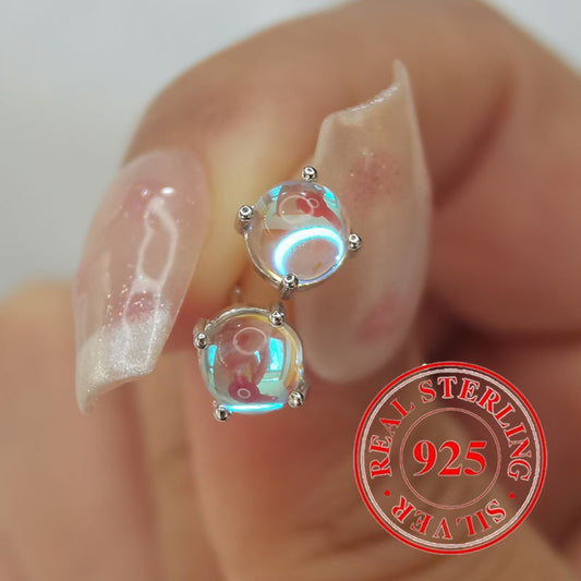 Stud Earrings for Women - Moonstone 925 Sterling Silver 6mm Round Moonlight Stone for Minimalist - main product view