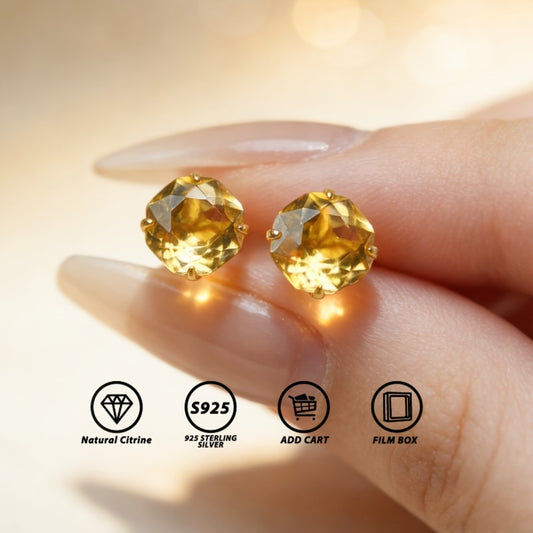 Stud Earrings for Women - Natural Citrine 925 Silver - 2 Carat Rose Cut Hypoallergenic , November - main product view