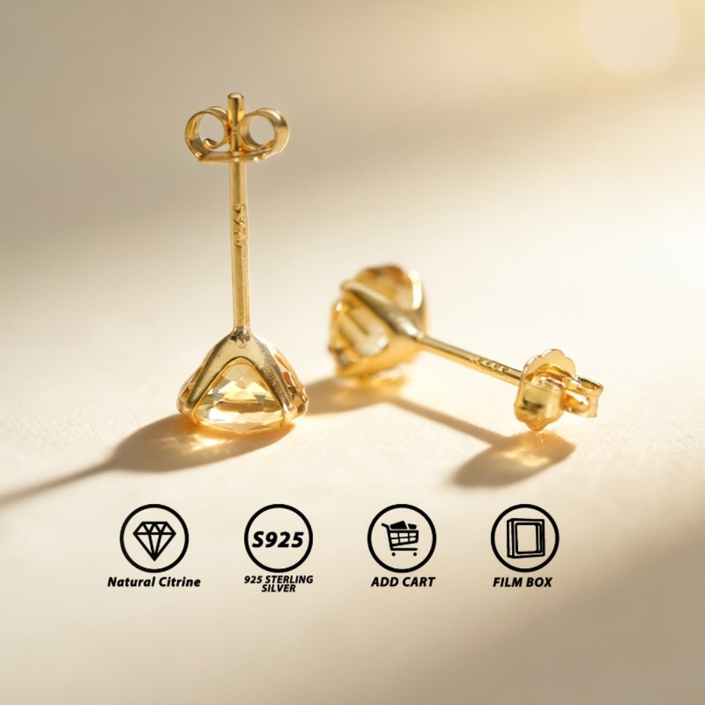 Stud Earrings for Women - Natural Citrine 925 Silver - 2 Carat Rose Cut Hypoallergenic , November - product detail view 4