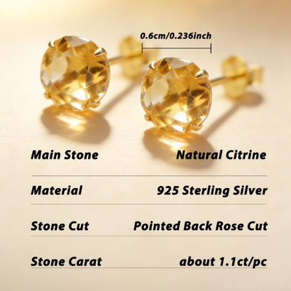 Stud Earrings for Women - Natural Citrine 925 Silver - 2 Carat Rose Cut Hypoallergenic , November - product detail view 5