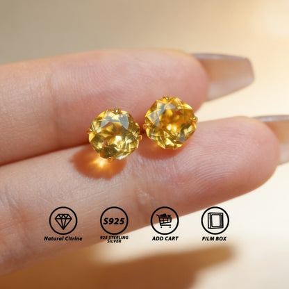Stud Earrings for Women - Natural Citrine 925 Silver - 2 Carat Rose Cut Hypoallergenic , November - product detail view 6
