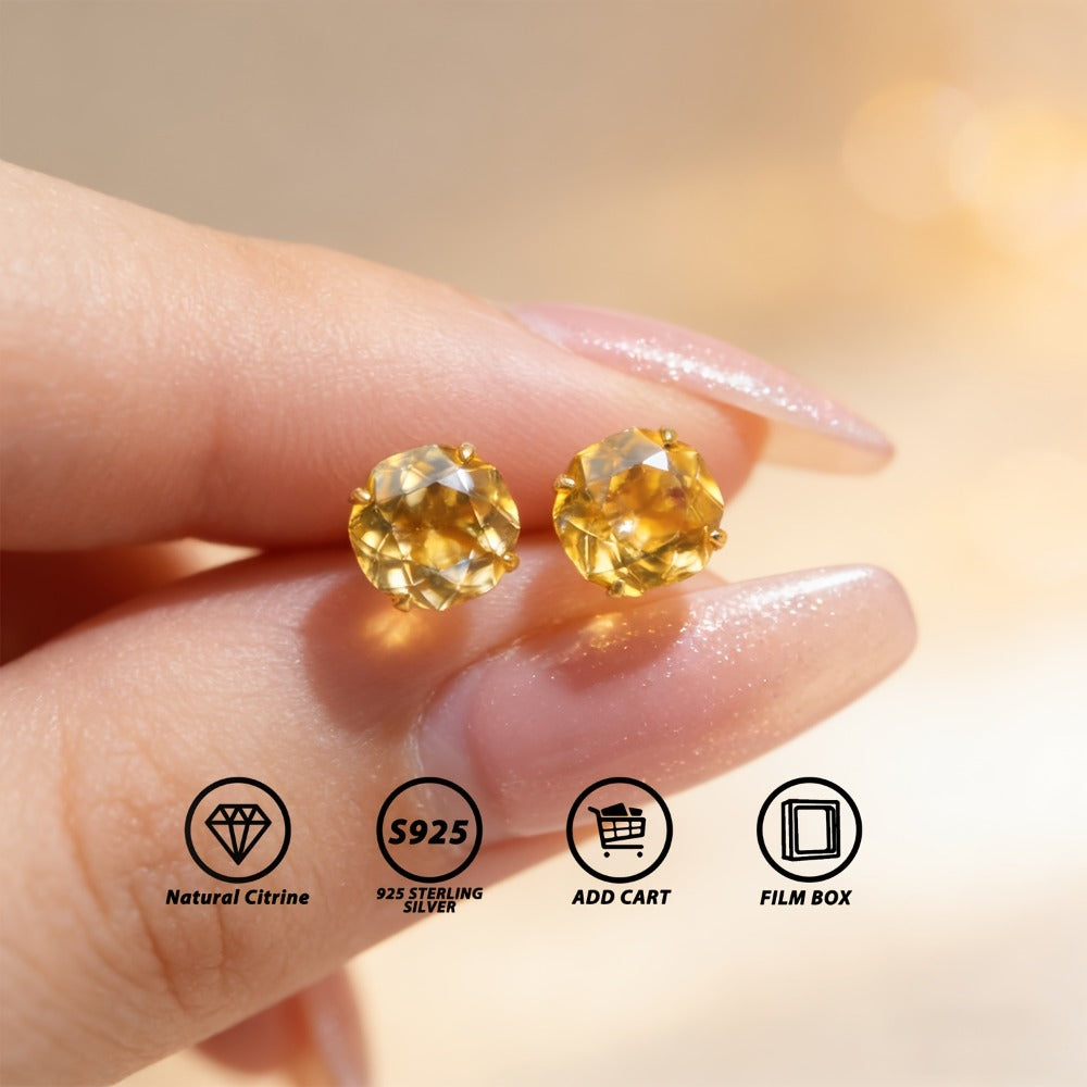 Stud Earrings for Women - Natural Citrine 925 Silver - 2 Carat Rose Cut Hypoallergenic , November - product detail view 8