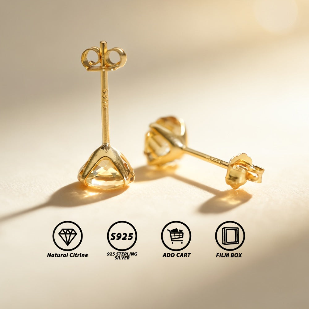 Stud Earrings for Women - Natural Citrine 925 Silver - 2 Carat Rose Cut Hypoallergenic , November - product detail view 11