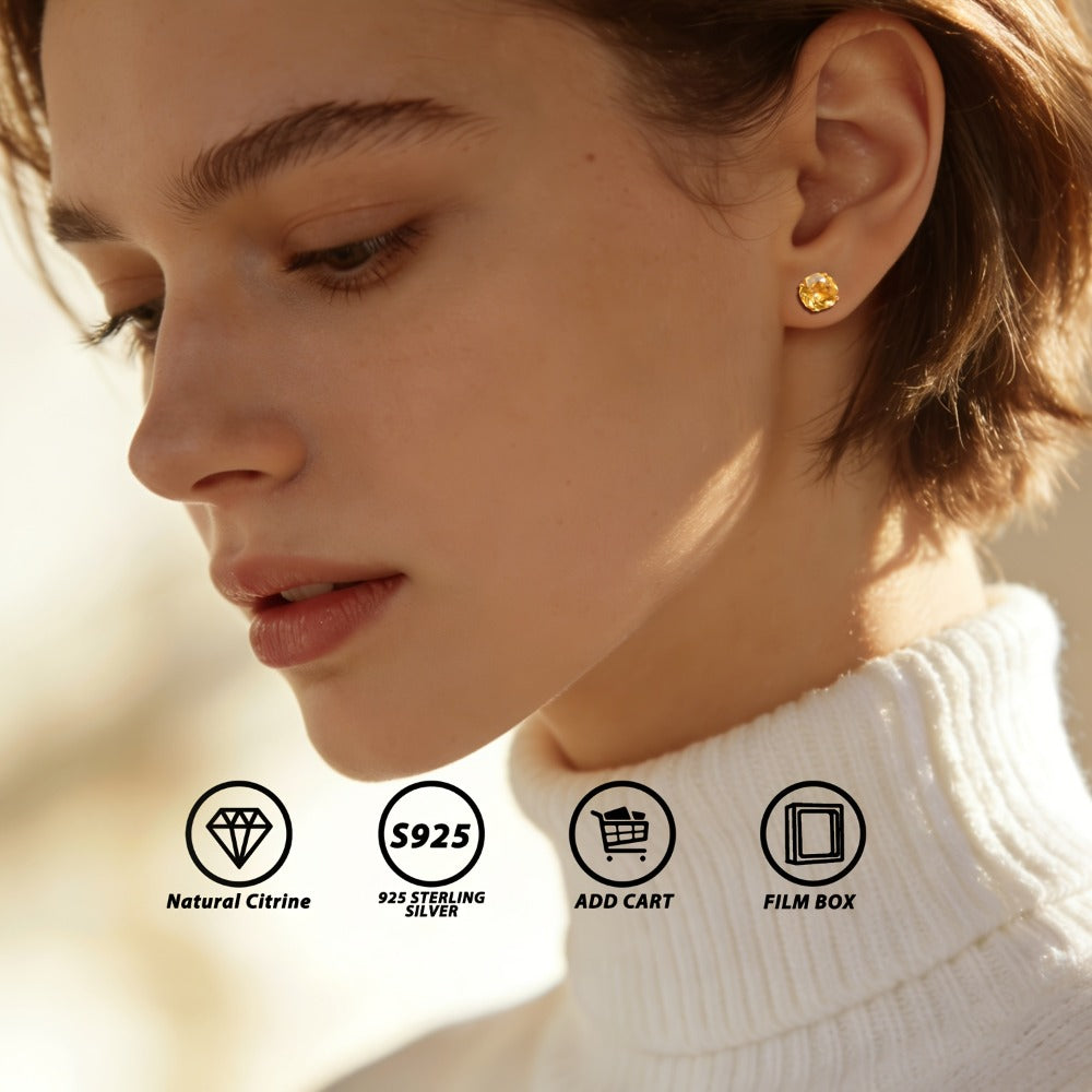 Stud Earrings for Women - Natural Citrine 925 Silver - 2 Carat Rose Cut Hypoallergenic , November - product detail view 12