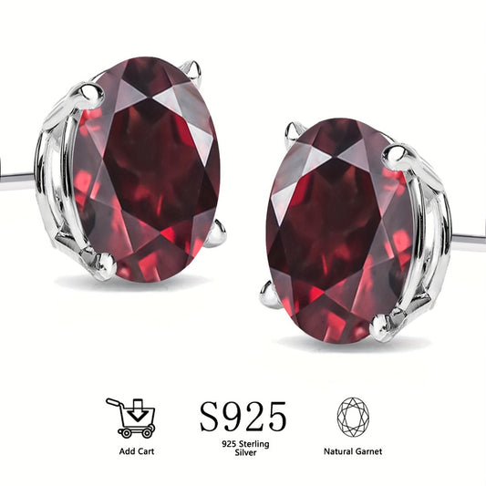 Stud Earrings for Women - Natural Garnet S925 Sterling Silver for | 2.4ct Oval Cut Deep Red Gemstone - main product view
