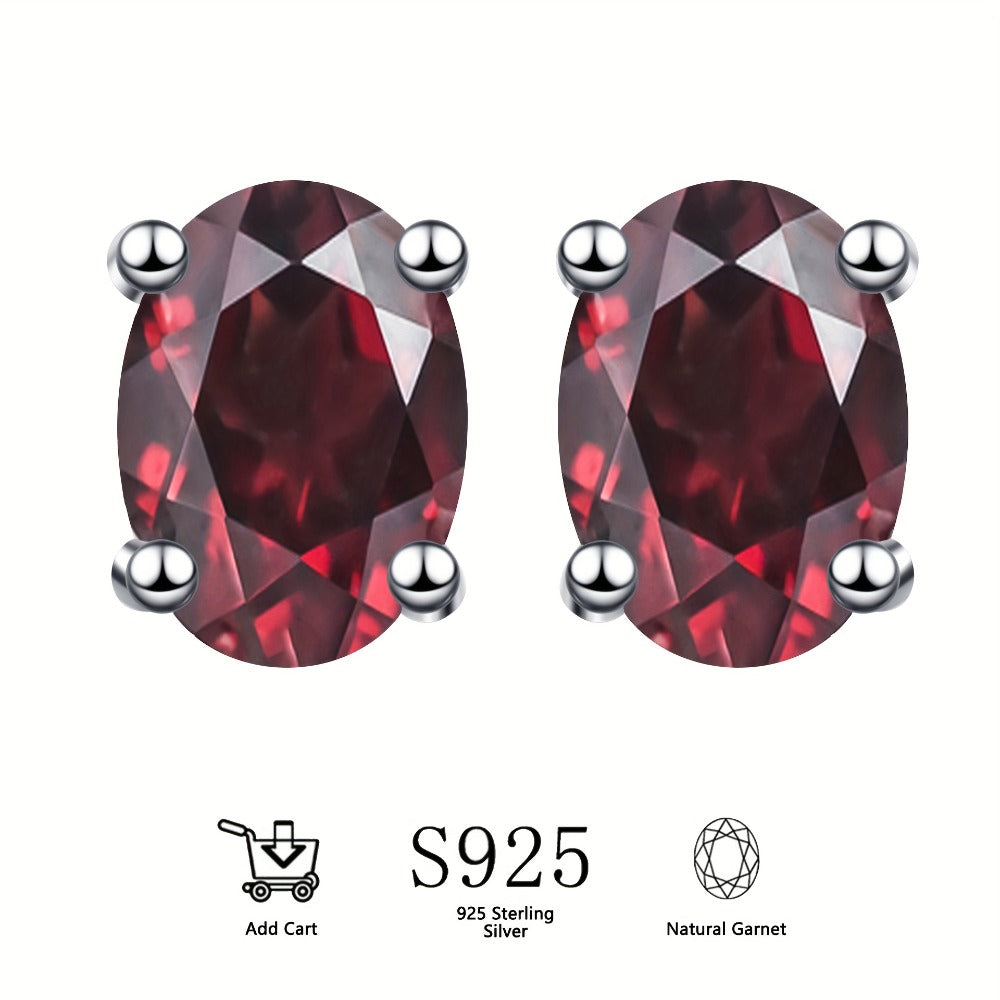 Stud Earrings for Women - Natural Garnet S925 Sterling Silver for | 2.4ct Oval Cut Deep Red Gemstone - product detail view 2
