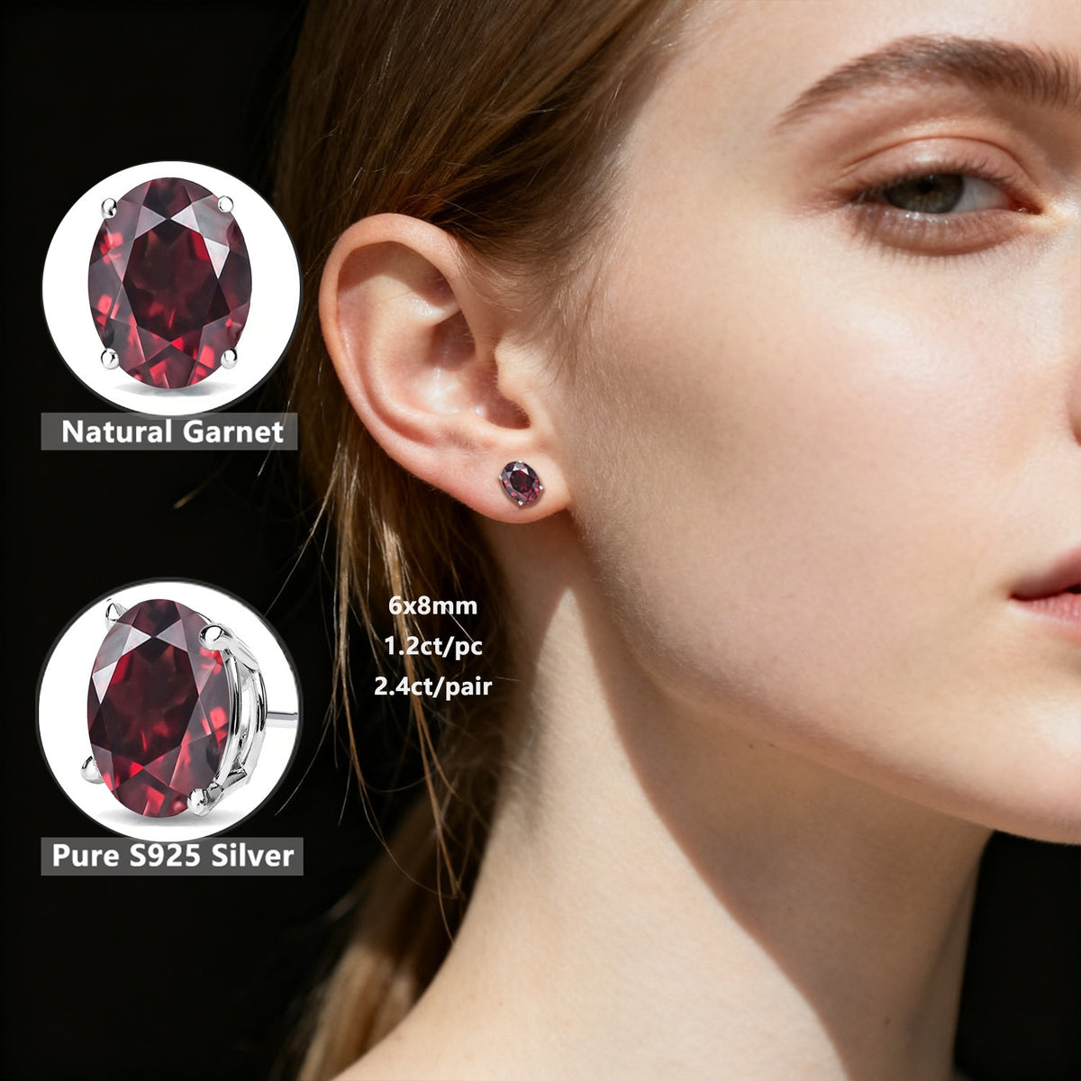 Stud Earrings for Women - Natural Garnet S925 Sterling Silver for | 2.4ct Oval Cut Deep Red Gemstone - product detail view 8