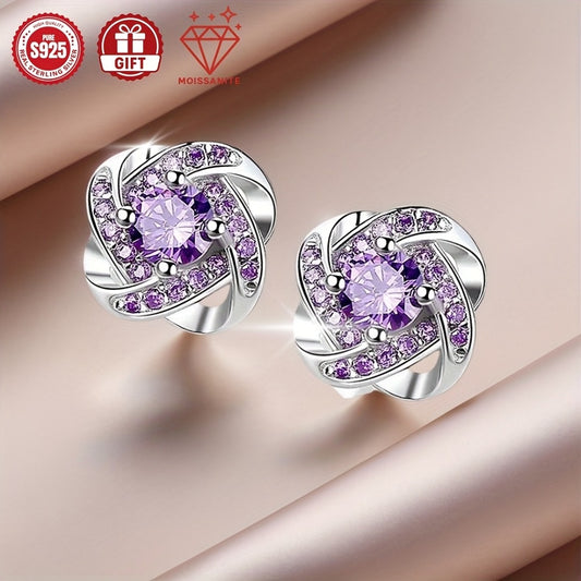 Stud Earrings for Women - Purple Moissanite S925 Sterling Silver - Four Leaf Clover Vintage - main product view