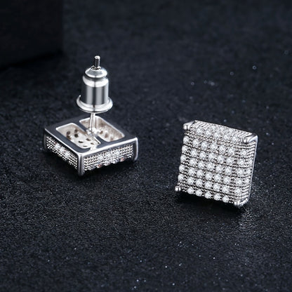 Stud Earrings for Women - Men's Iced Out Square CZ Hip Hop Cubic Zirconia Copper Bling Earpin - product detail view 3