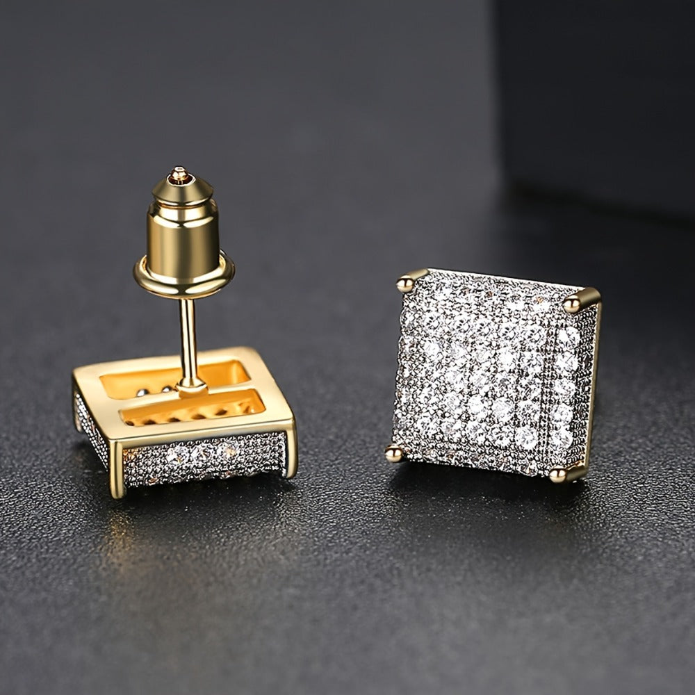 Stud Earrings for Women - Men's Iced Out Square CZ Hip Hop Cubic Zirconia Copper Bling Earpin - product detail view 7