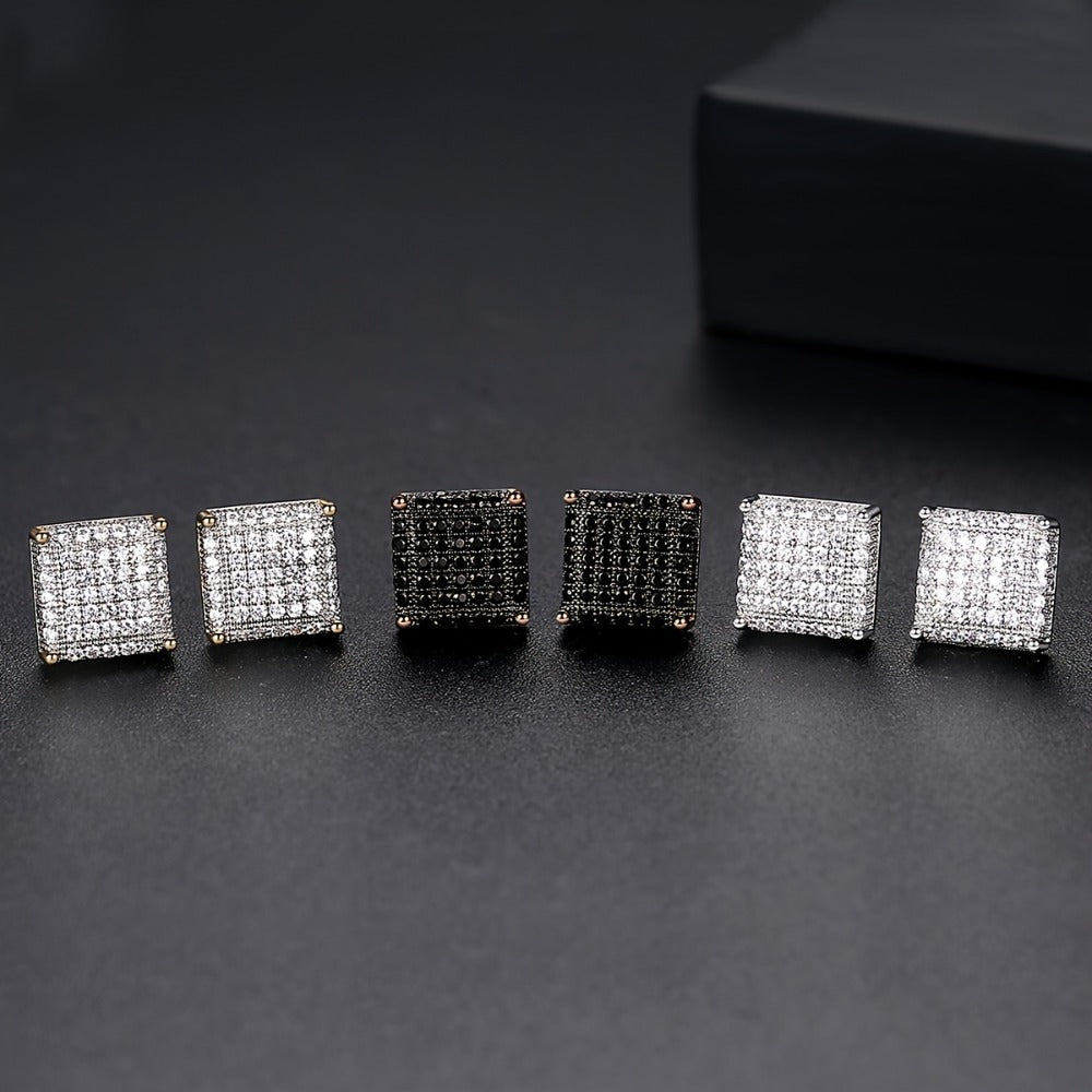 Stud Earrings for Women - Men's Iced Out Square CZ Hip Hop Cubic Zirconia Copper Bling Earpin - product detail view 11
