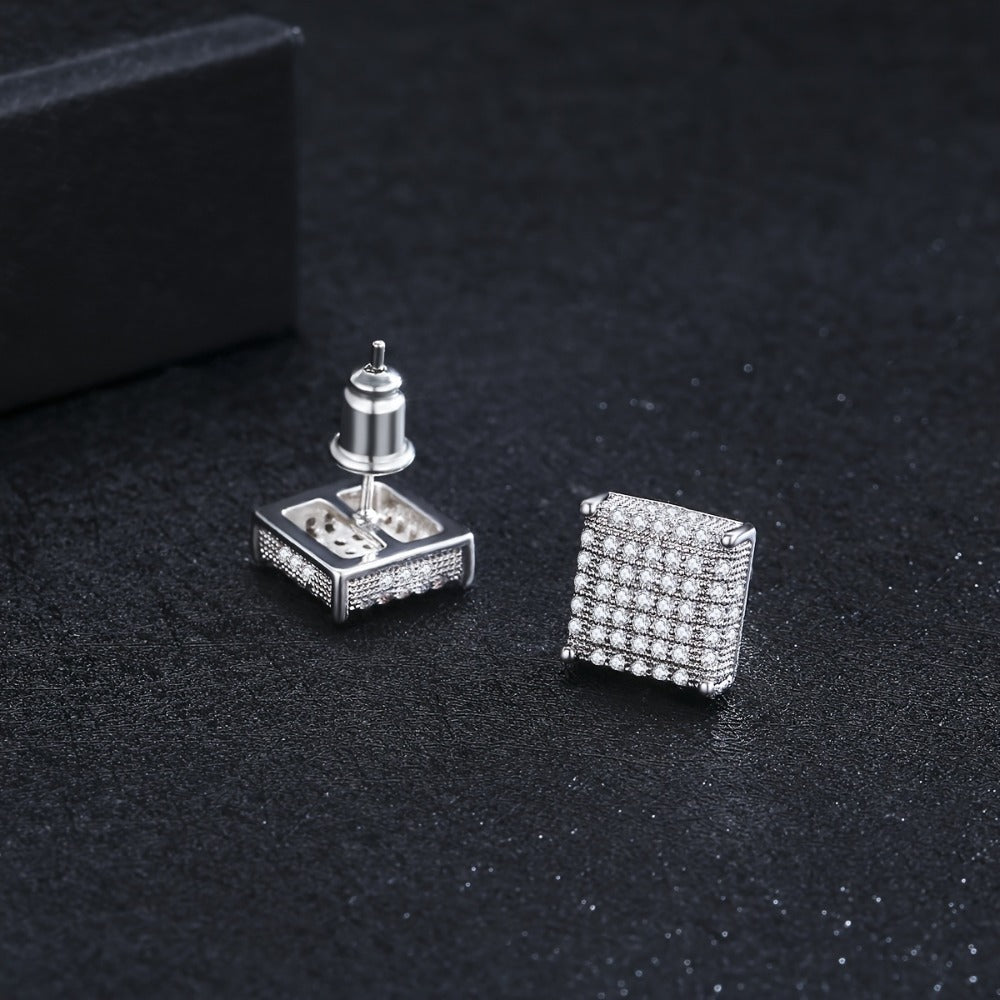Stud Earrings for Women - Men's Iced Out Square CZ Hip Hop Cubic Zirconia Copper Bling Earpin - product detail view 12
