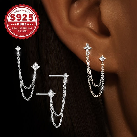 Stud Earrings for Women - S925 Sterling Silver Flower Chain CZ Four-Flower Dangle Elegant - main product view