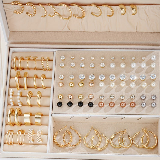 Stud Earrings for Women - Set 108Pcs Hoop with Imitation Pearl Rhinestone Metallic Geometric Design - main product view