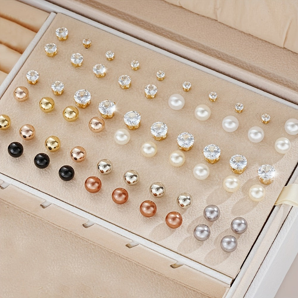 Stud Earrings for Women - Set 108Pcs Hoop with Imitation Pearl Rhinestone Metallic Geometric Design - product detail view 5