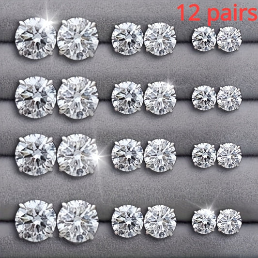 Stud Earrings for Women - Set 12 Pairs 925 Silver Plated Zircon Simple for Men Everyday Wear - main product view