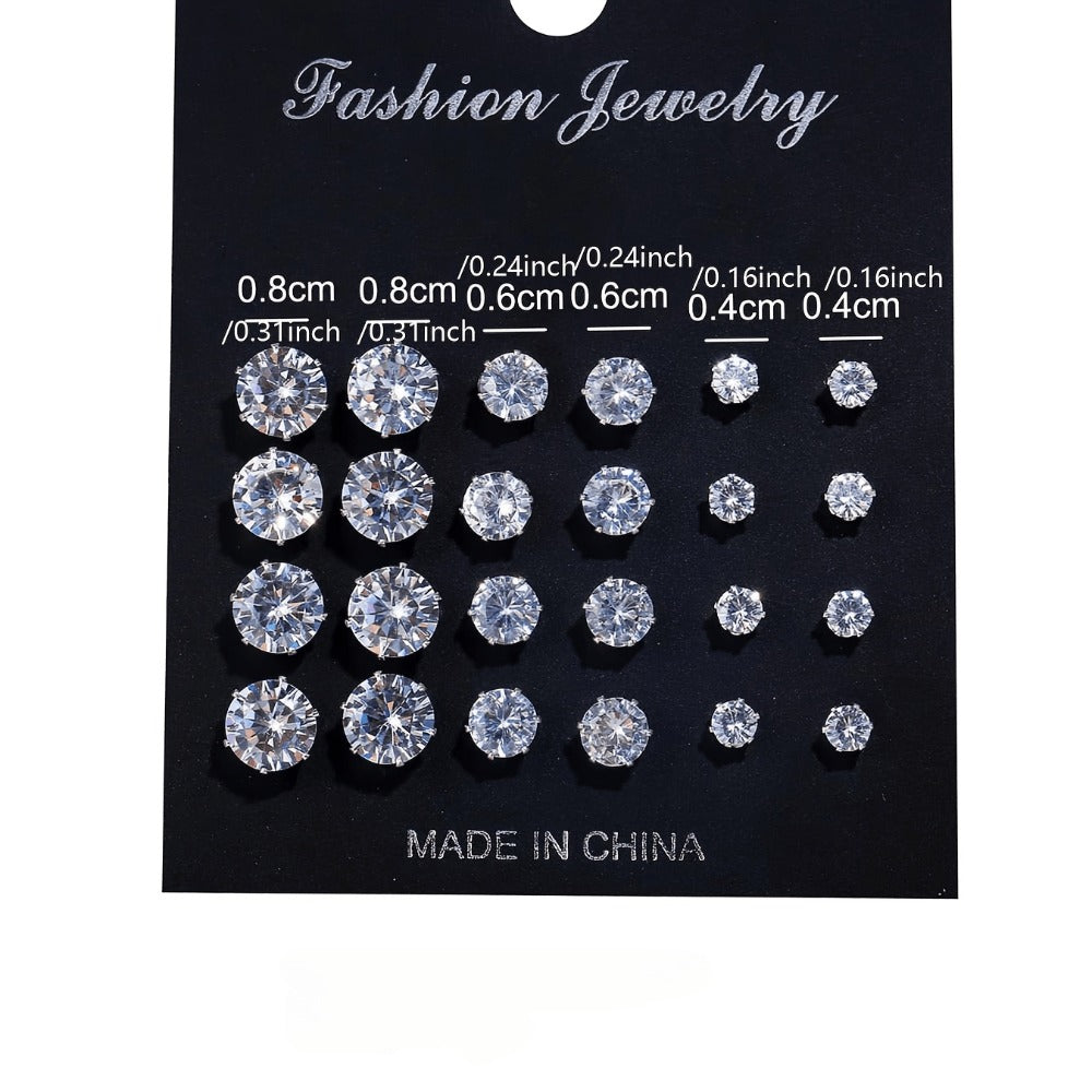 Stud Earrings for Women - Set 12 Pairs 925 Silver Plated Zircon Simple for Men Everyday Wear - product detail view 2