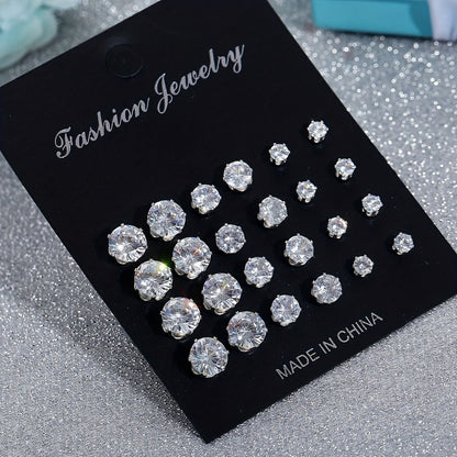 Stud Earrings for Women - Set 12 Pairs 925 Silver Plated Zircon Simple for Men Everyday Wear - product detail view 5