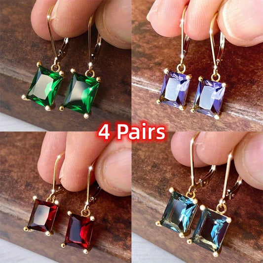 Stud Earrings for Women - Set 4 Pairs Colorful Crystal Purple Green Red Blue Fashion Jewelry Gift - main product view