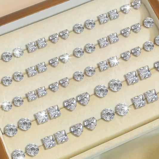 Stud Earrings for Women - Set 72 Pairs Sparkling Zircon Geometric Mixed Shapes Love Heart Round - main product view