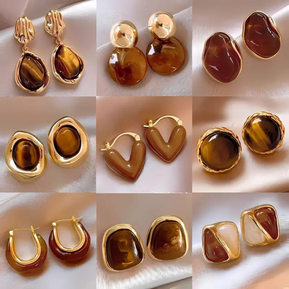 Stud Earrings for Women - Tiger's Eye Set 9 Pairs for - Light Luxury Malachite Natural Stone , INS - main product view
