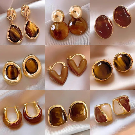 Stud Earrings for Women - Tiger's Eye Set 9 Pairs for - Light Luxury Malachite Natural Stone , INS - main product view