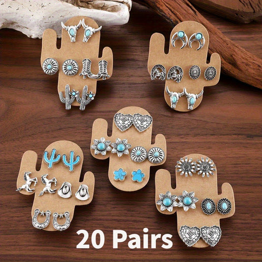 Stud Earrings for Women - Western Style Set 20 Pairs - Turquoise Cowgirl with Bull Skull, Horseshoe - main product view