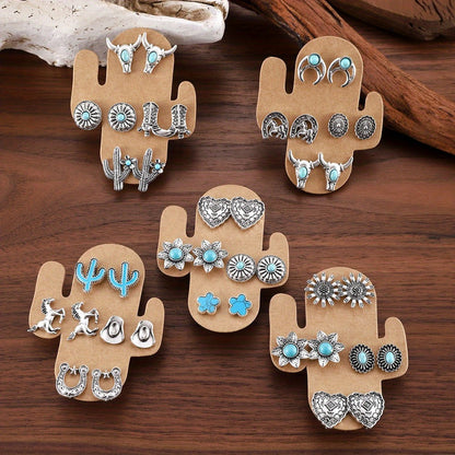Stud Earrings for Women - Western Style Set 20 Pairs - Turquoise Cowgirl with Bull Skull, Horseshoe - product detail view 2