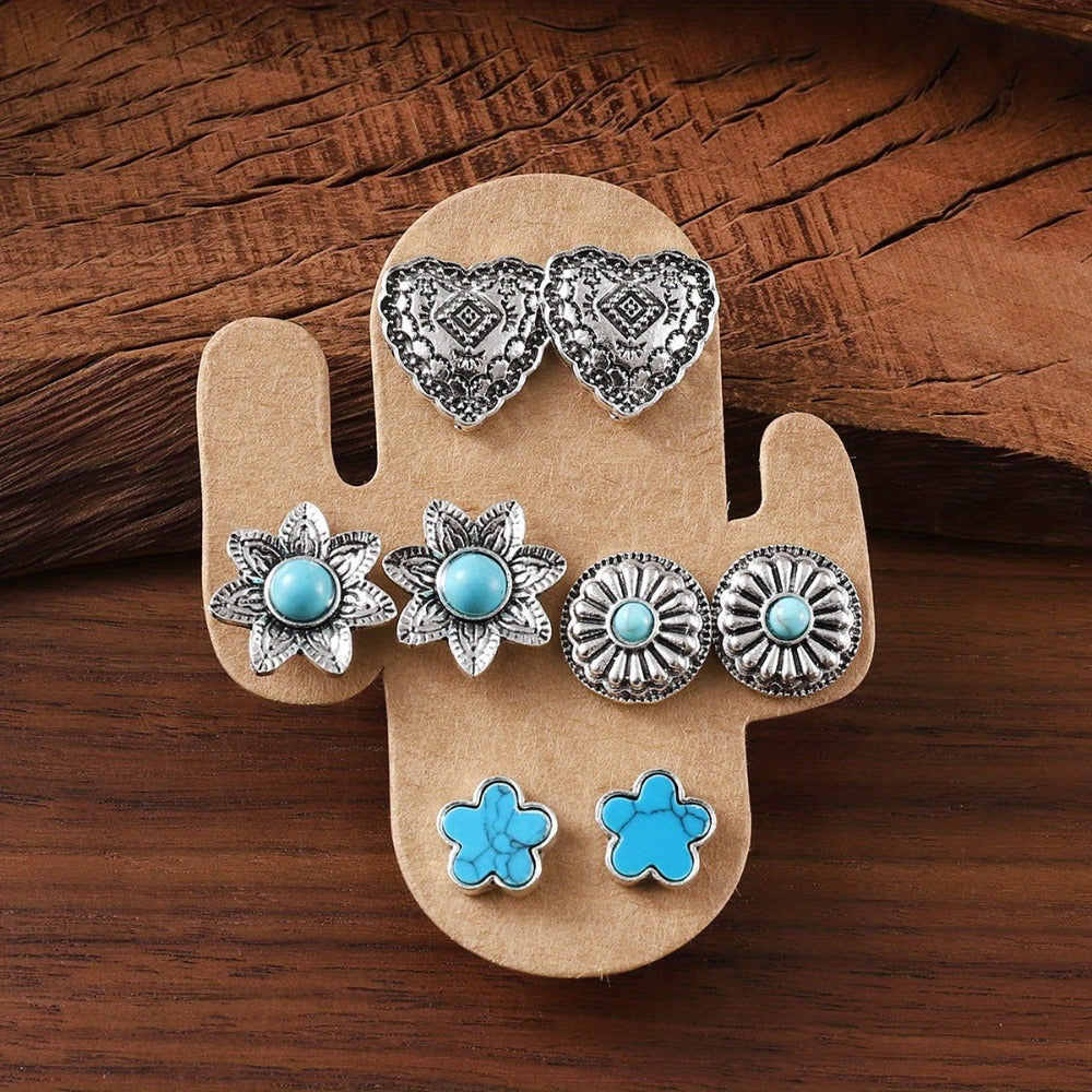 Stud Earrings for Women - Western Style Set 20 Pairs - Turquoise Cowgirl with Bull Skull, Horseshoe - product detail view 9