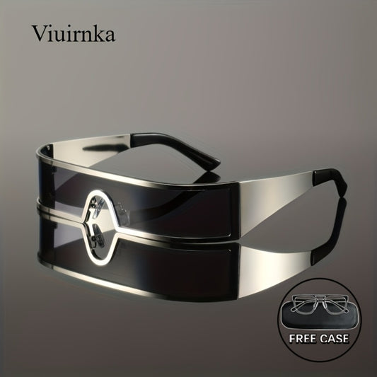 Sunglasses for Men - Cyberpunk Wraparound Glasses Futuristic Wide Temple Metal Frame with Case - main product view