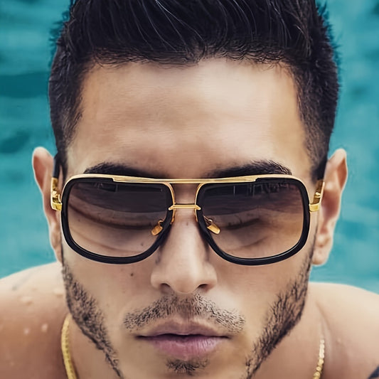 Sunglasses for Men - Double Bridge Glasses Black Frame Gold Decoration, Dual Beam Classic - main product view