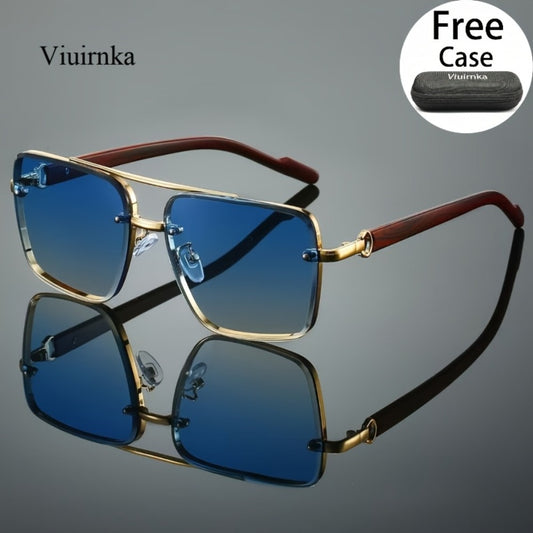 Sunglasses for Men - Double Bridge UV400 Wood Grain Luxury Frame - Square Retro Gradient Tinted - main product view