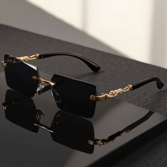 Sunglasses for Men - Luxury Frameless Gold Frame Leopard Arms UV400 Narrow Rectangular Lens - main product view