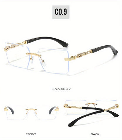Sunglasses for Men - Luxury Frameless Gold Frame Leopard Arms UV400 Narrow Rectangular Lens - product detail view 16