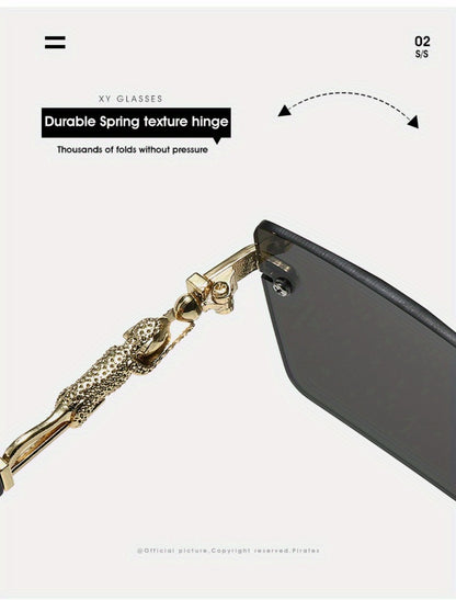 Sunglasses for Men - Luxury Frameless Gold Frame Leopard Arms UV400 Narrow Rectangular Lens - product detail view 18