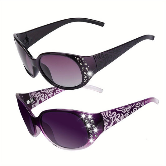 Sunglasses for Women - Polarized 2 Pairs Rhinestone Oval Frame Designer Style Trendy Shades Deep - main product view