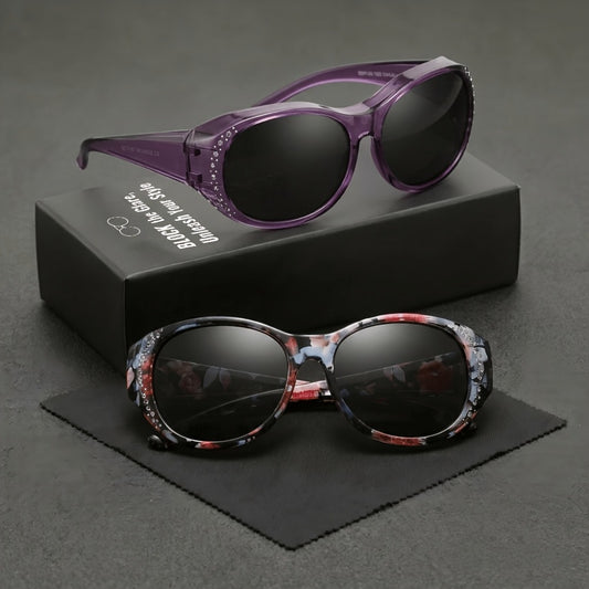 Sunglasses - Polarized Fit Over Glasses for Women 2 Pack, Rhinestone Accent Wraparound - main product view