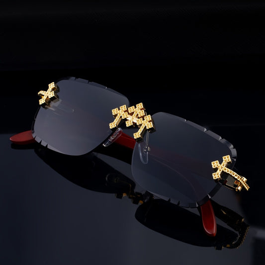 Sunglasses for Men - Rimless Glasses for Frameless Square Retro Wood Grain Design, Gradient PC - main product view