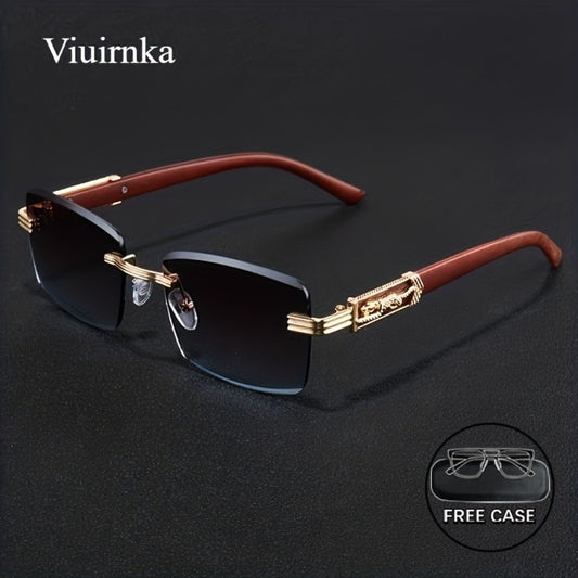 Sunglasses for Men - Rimless Rectangle Glasses for Women , Vintage Leopard Temple Design - main product view