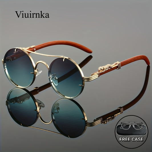 Sunglasses for Men - Round Metal Frame Double Bridge Gradient Lenses Leopard Hinge Luxury - main product view