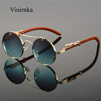 Sunglasses for Men - Round Metal Frame Double Bridge Gradient Lenses Leopard Hinge Luxury - product detail view 7