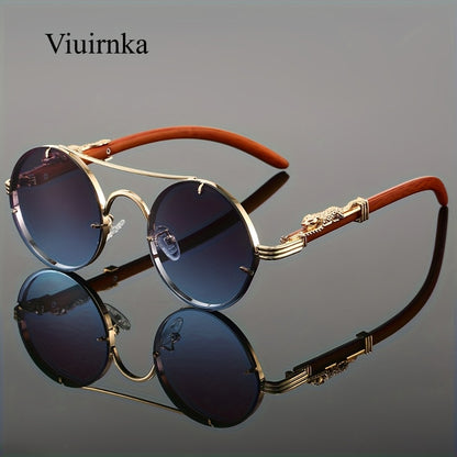 Sunglasses for Men - Round Metal Frame Double Bridge Gradient Lenses Leopard Hinge Luxury - product detail view 9