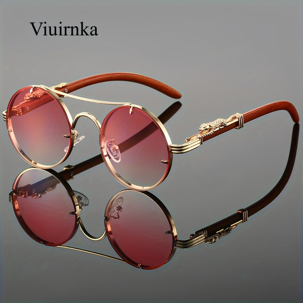 Sunglasses for Men - Round Metal Frame Double Bridge Gradient Lenses Leopard Hinge Luxury - product detail view 10