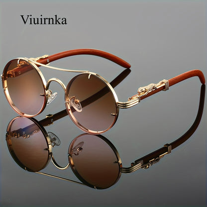 Sunglasses for Men - Round Metal Frame Double Bridge Gradient Lenses Leopard Hinge Luxury - product detail view 24