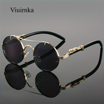 Sunglasses for Men - Round Metal Frame Double Bridge Gradient Lenses Leopard Hinge Luxury - product detail view 27