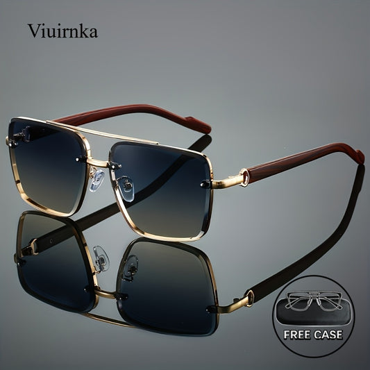 Sunglasses for Men - Square Women Double Bridge Gold Frame, Vintage Wood Grain Texture Light - main product view