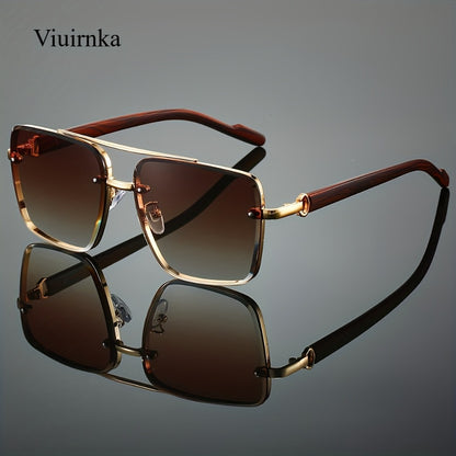 Sunglasses for Men - Square Women Double Bridge Gold Frame, Vintage Wood Grain Texture Light - product detail view 3