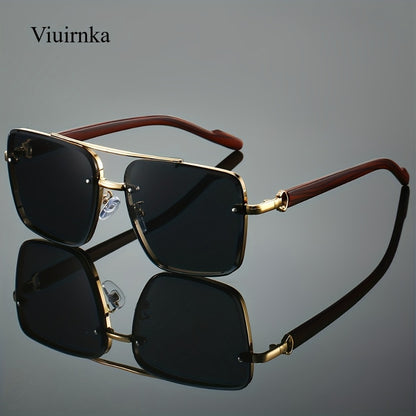 Sunglasses for Men - Square Women Double Bridge Gold Frame, Vintage Wood Grain Texture Light - product detail view 8