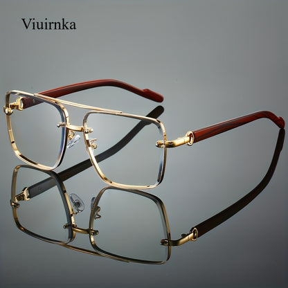 Sunglasses for Men - Square Women Double Bridge Gold Frame, Vintage Wood Grain Texture Light - product detail view 9